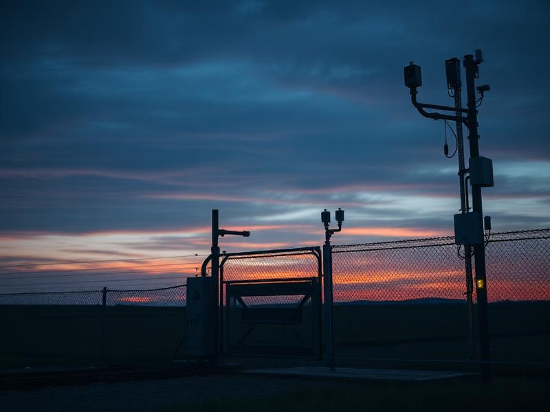 Industrial sensors and gate access at dusk