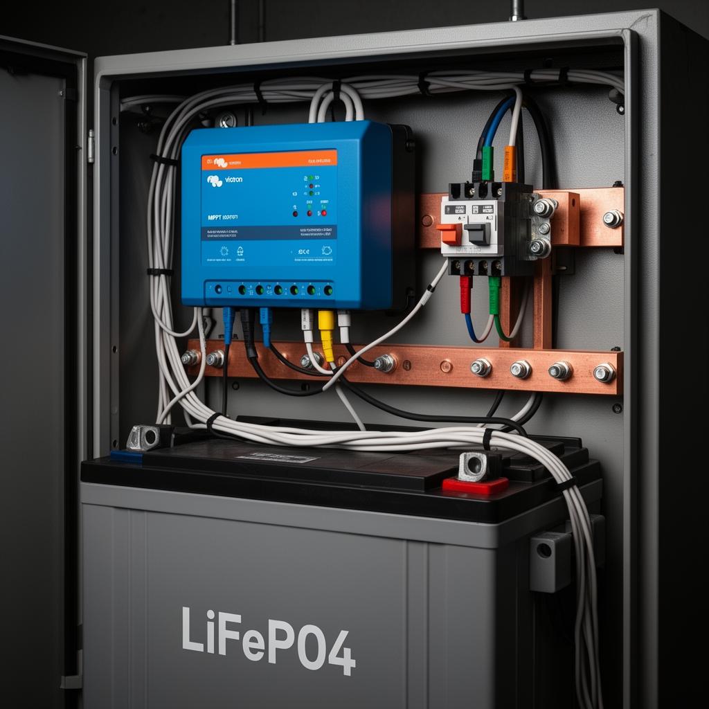 Interior of the NEXEL enclosure showing Victron MPPT controller, LiFePO4 battery and DC bus bars